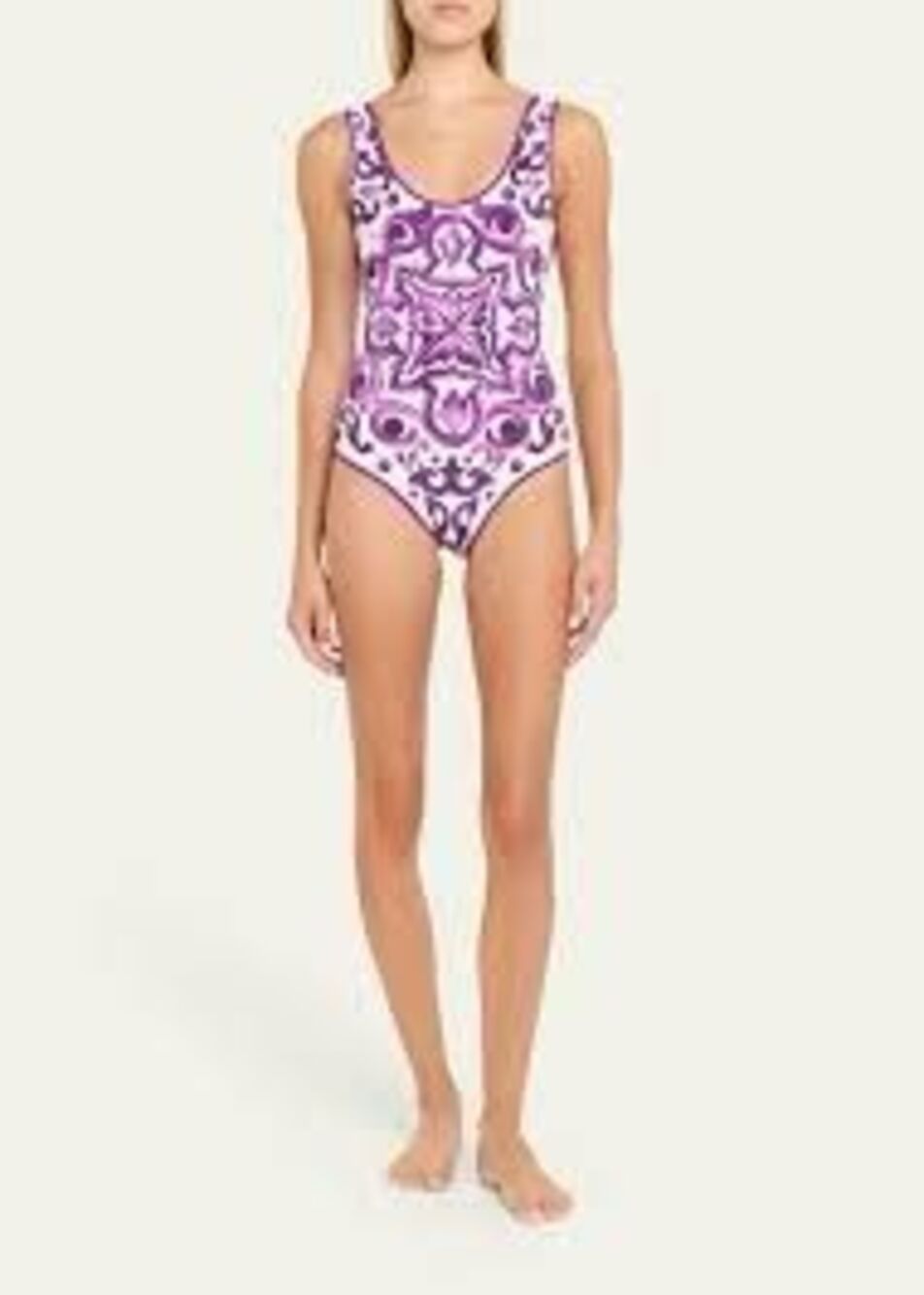 Dolce & Gabbana Majolica Print One Piece Swimsuit White Bordeaux Purple Italian